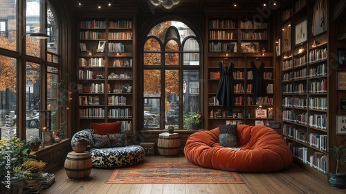 A cozy library with comfortable seating and large windows overlooking autumn trees.