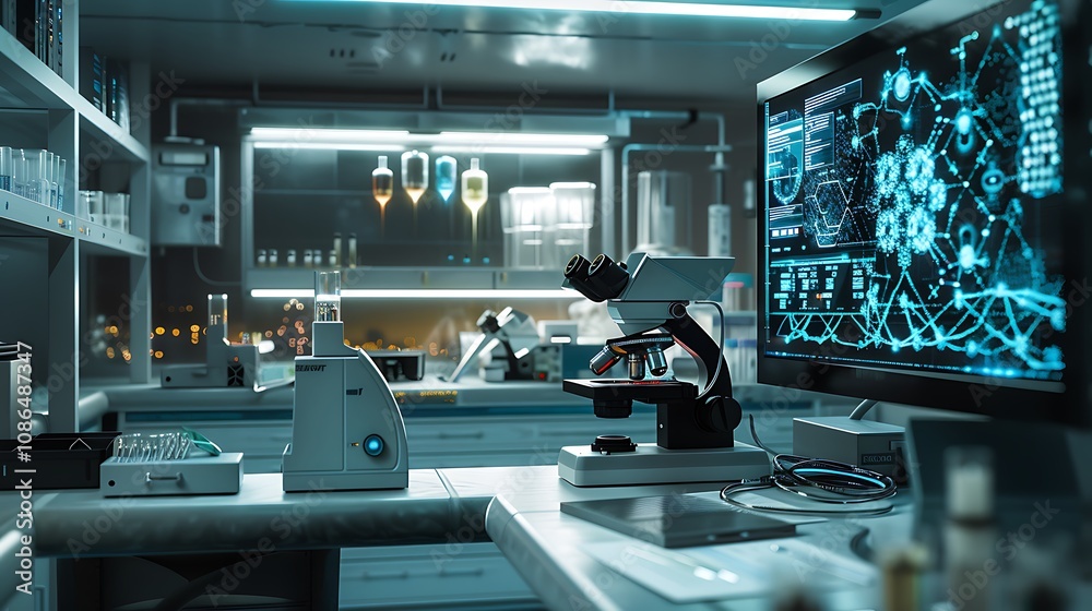 A nanotechnology research lab with scanning electron microscopes, nanoscale structures being studied, and intricate schematics displayed. A nanotechnology research lab with scanning electron microscopes, nanoscale structures being studied, and intricate schematics displayed.