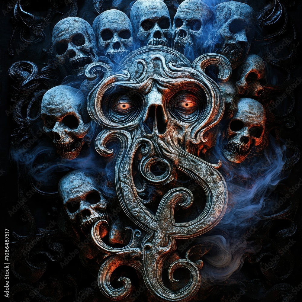 Dark Fantasy Art Featuring Multiple Skulls and a Central Tentacled Creature Surrounded by Smoke and Eerie Lighting in a Mysterious Atmosphere Dark Fantasy Art Featuring Multiple Skulls and a Central Tentacled Creature Surrounded by Smoke and Eerie Lighting in a Mysterious Atmosphere
