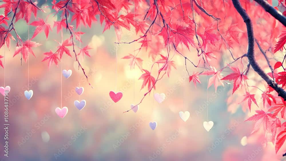 Heart-Shaped Ornaments Hanging from a Tree Branch with Red Leaves. Valentine's day. Heart-Shaped Ornaments Hanging from a Tree Branch with Red Leaves. Valentine's day.