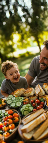 Father and son laughing together at a garden picnic.