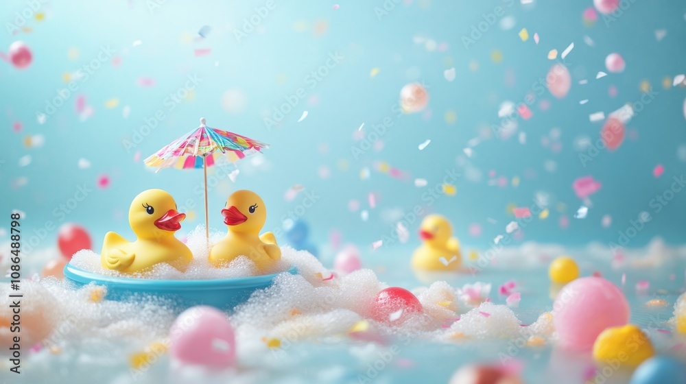 An empty scene featuring blank mockup template filled with colorful rubber ducks in a tub filled with pastel foam, confetti, and a tiny drink umbrella, celebrating Bathtub Party Day, An empty scene featuring blank mockup template filled with colorful rubber ducks in a tub filled with pastel foam, confetti, and a tiny drink umbrella, celebrating Bathtub Party Day,