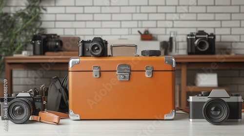 A suitcase in the shape of a vintage camera, surrounded by photography gear photo