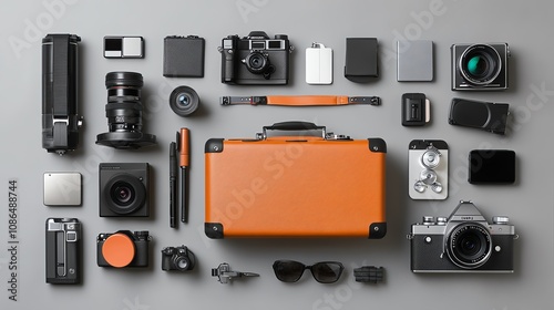 A suitcase in the shape of a vintage camera, surrounded by photography gear photo