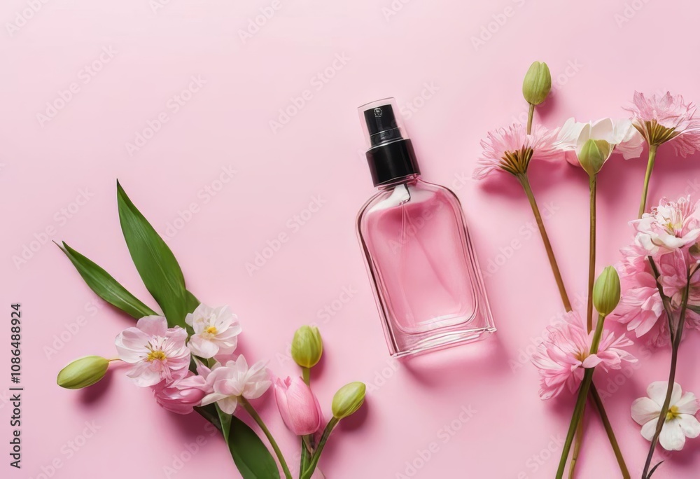 A glass bottle of perfume spray surrounded by pink spring flowers, photographed from a top view perspective A glass bottle of perfume spray surrounded by pink spring flowers, photographed from a top view perspective