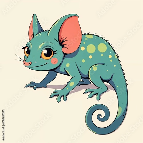 Adorable Cartoon Chameleon with Big Ears and Spots