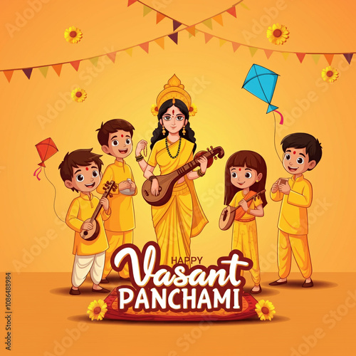 A festive depiction of Vasant Panchami with children celebrating, flying kites, and worshiping Goddess Saraswati photo