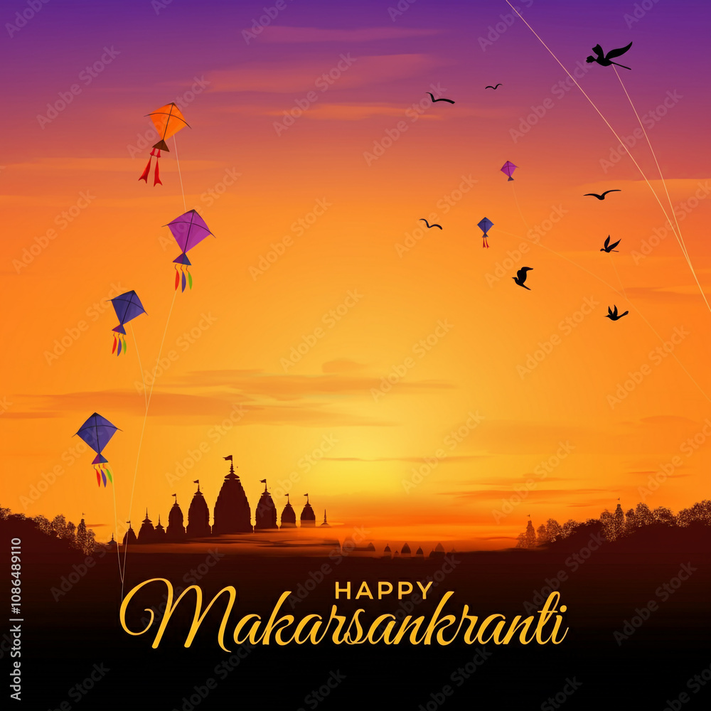Fototapeta premium A serene evening with colorful kites adorning the sky against a temple-studded landscape, celebrating Makar Sankranti