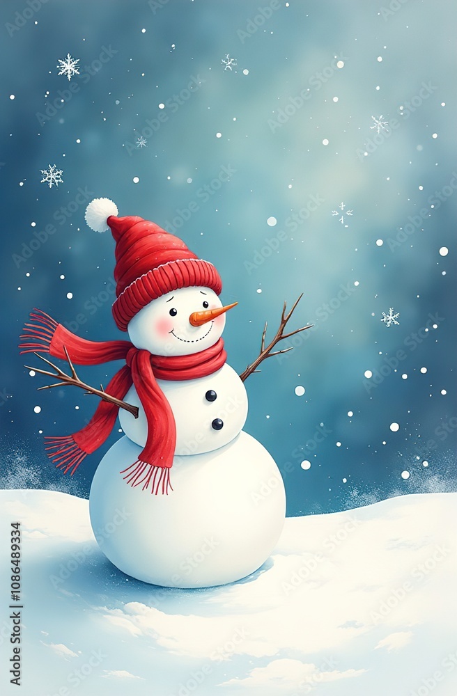 Fototapeta premium Christmas card with a snowman in vintage style. Snowman in a hat and scarf is standing on the snow.