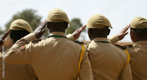 Mozambican soldiers giving salute during ceremony military, glory and honor, dignified military uniform