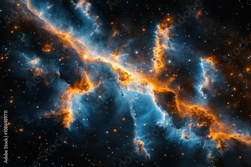 A vibrant nebula glows with fiery orange and blue hues against a backdrop of countless stars.