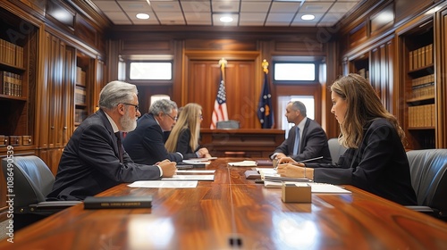 A conference room where a language interpreter works with attorneys to speak with a witness. photo