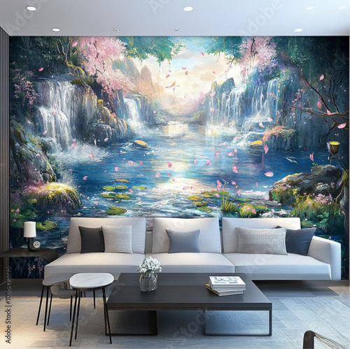 Hanging painting of a tranquil landscape with a large waterfall flowing into a calm lake surrounded by colorful green plants and vibrant sky in a Japanese living room photo