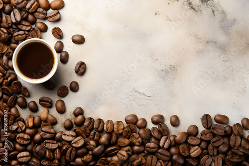 Flat Lay of Fresh Coffee Beans and Cup of Brew on Textured Surface