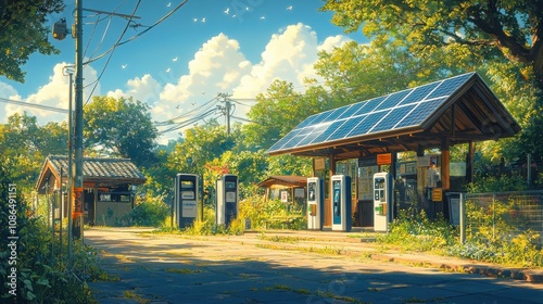 Tranquil Japanese Rural Station Surrounded by Lush Greenery and Solar Panels, Evoking Peaceful Moments of Nature and Modern Sustainability Amidst Scenic Beauty photo