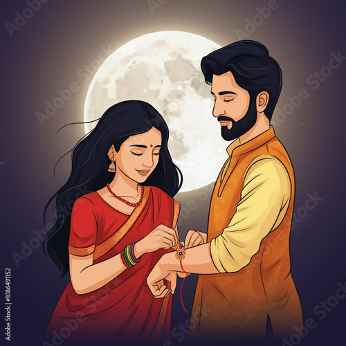 Beautiful depiction of a husband and wife tying a sacred thread under the full moon, symbolizing devotion, love, and unity during Shravana Purnima photo