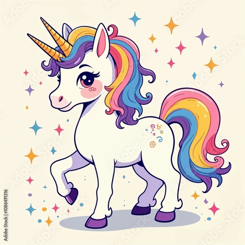 Charming Unicorn Clipart with Starry Background and Rainbow Mane