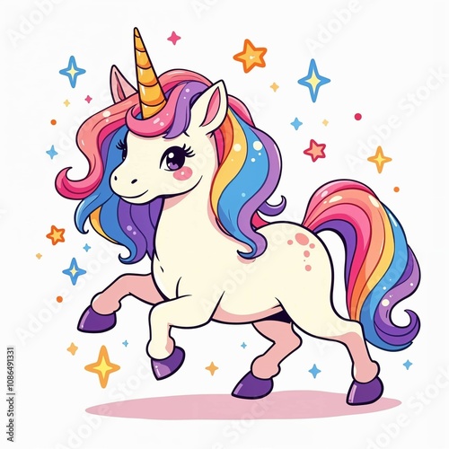 Cute and Colorful Unicorn with Rainbow Mane and Sparkles
