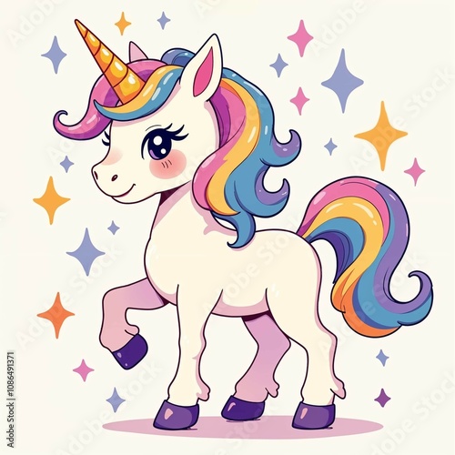 Happy Unicorn with Rainbow Mane Surrounded by Stars