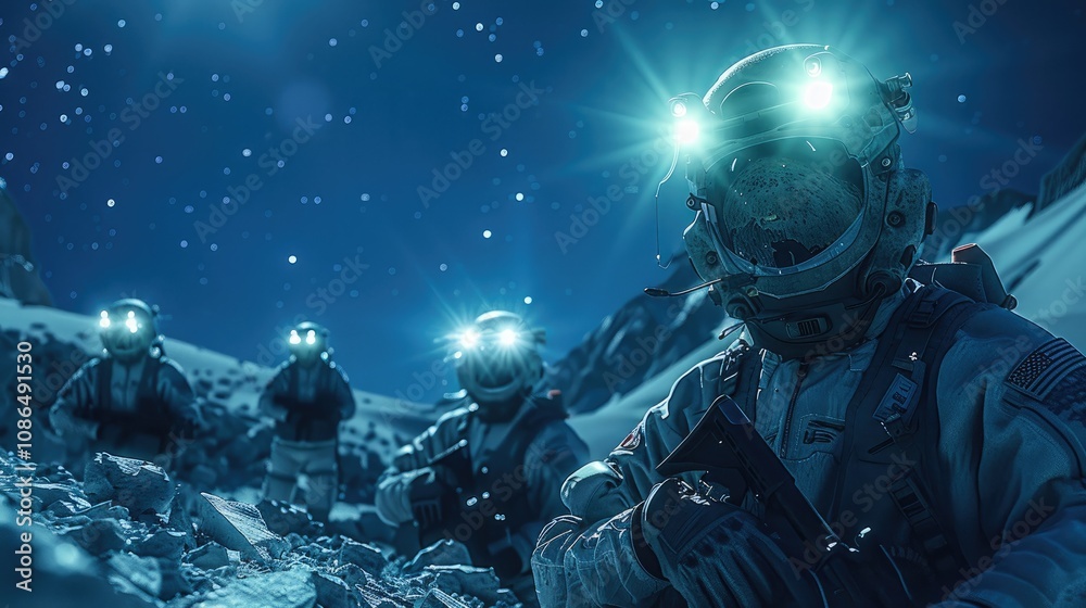 A search and rescue team using night vision goggles to locate missing individuals in a mountainous area at night. The team is surrounded by rugged terrain. A search and rescue team using night vision goggles to locate missing individuals in a mountainous area at night. The team is surrounded by rugged terrain.