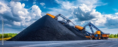 Coal stockpile under dramatic clouds, industrial loaders working in the distance, clean composition, stark contrast of dark coal and vivid sky