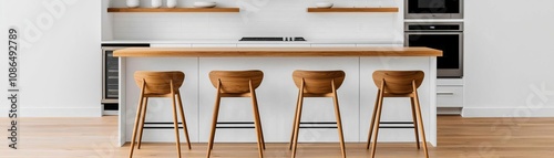 Modern kitchen cabinetry paired with open shelves, premium appliances, sleek barstools at an island, natural wood flooring, professional lighting enhancing the space