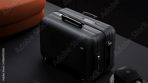 Sleek, minimalist hardshell luggage in matte black with chrome details photo