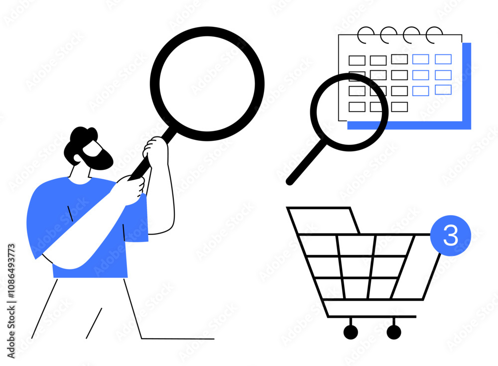 Man using magnifying glass, calendar with search symbol, and shopping cart with notification. Ideal for productivity, scheduling, analysis, planning, shopping organization efficiency. Line metaphor Man using magnifying glass, calendar with search symbol, and shopping cart with notification. Ideal for productivity, scheduling, analysis, planning, shopping organization efficiency. Line metaphor