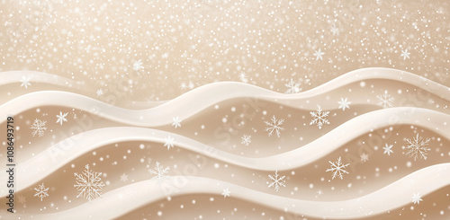 A background with snowflakes and bokeh lights, a beige background, white snow waves, and a white glittery snow pattern