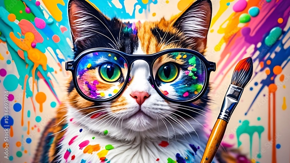 Fototapeta Colorful cat artist with paint splatters and brush.