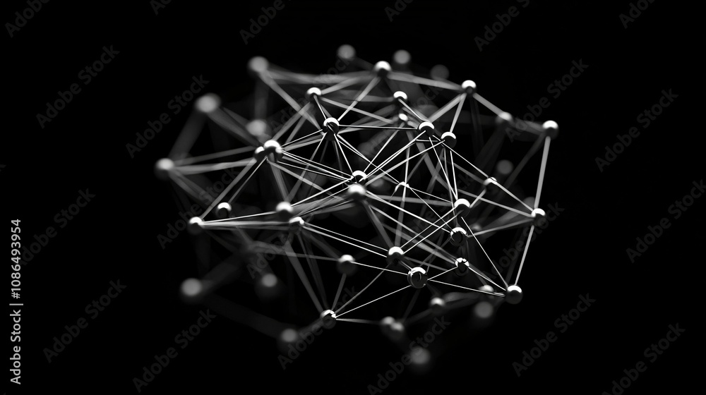 3D illustration of an interconnected network of nodes and lines representing data processing and computation, set against a white background. 3D illustration of an interconnected network of nodes and lines representing data processing and computation, set against a white background.