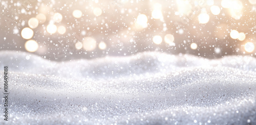 A background with snowflakes and bokeh lights, a beige background, white snow waves, and a white glittery snow pattern