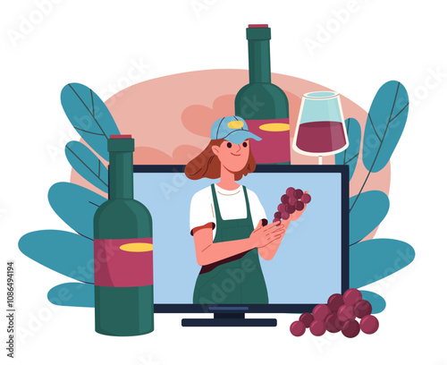 Video about wine. Woman in uniform with grapes in her hands near bottle and glass with alcoholic drink. Beverage and tasty drink. Sommelier blogger on Internet. Flat vector illustration