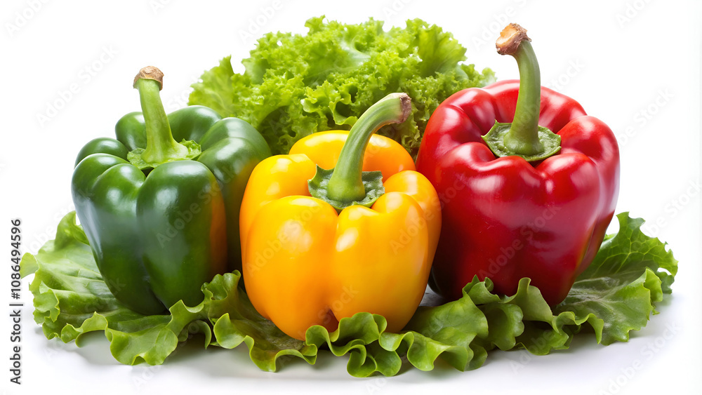 A photo of a red, green, and yellow bell pepper next to a lettuce leaf. A photo of a red, green, and yellow bell pepper next to a lettuce leaf.