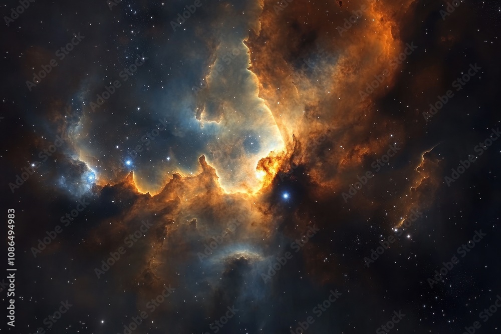 Fototapeta premium A vibrant nebula with swirling gas and dust, illuminating the dark cosmos with bright, celestial lights.