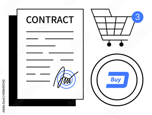 Contract with signature, shopping cart notification icon, and buy button. Ideal for e-commerce, legal agreements, online transactions, retail purchases, digital marketing, business processes