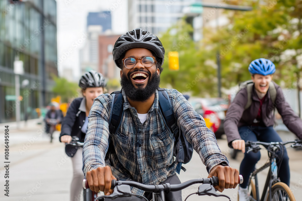 Smiling cyclists wearing helmets ride together in an urban environment, celebrating fitness, community, and sustainable transportation Smiling cyclists wearing helmets ride together in an urban environment, celebrating fitness, community, and sustainable transportation