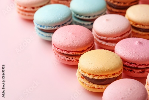 Colorful macarons on a pastel-colored background with copy space - Ideal for French bakeries