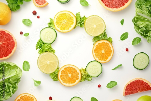 A vibrant 3D illustration featuring a circular arrangement of fresh fruits and vegetables, symbolizing health and detox, set against a white background.