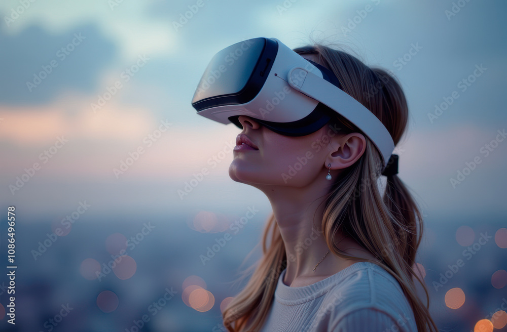 Woman wearing a virtual reality headset in metaverse world Woman wearing a virtual reality headset in metaverse world