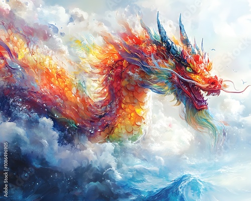 The colorful Chinese dragon painting on the turbulent sea gives a sense of power and legend. It can be used in Chinese cultural artwork or advertisements or historical tourism promotion. photo