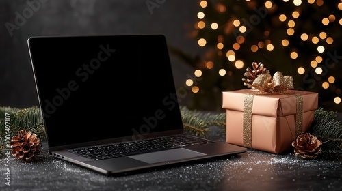 Laptop screen displaying  Exclusive Christmas Gifts  sale, holidaythemed design photo