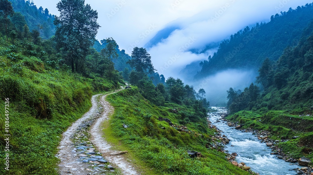 winding river trail through lush green hills and misty mountains winding river trail through lush green hills and misty mountains