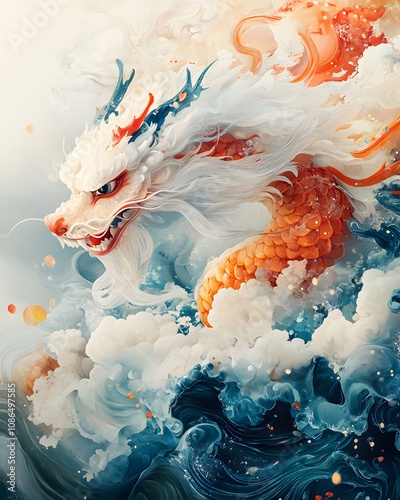 The colorful Chinese dragon painting on the turbulent sea gives a sense of power and legend. It can be used in Chinese cultural artwork or advertisements or historical tourism promotion. photo