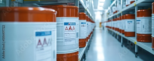 The image shows a well-organized storage area filled with labeled barrels, indicating a clean and efficient industrial setting.