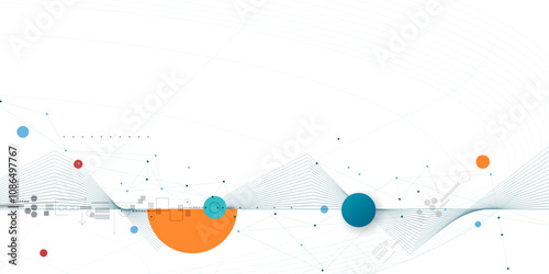 Vector illustration abstract modern technology design. White circle, geometric shape, wave wireframe line pattern and circuit board on white - grey background. Technology concept for banner, template