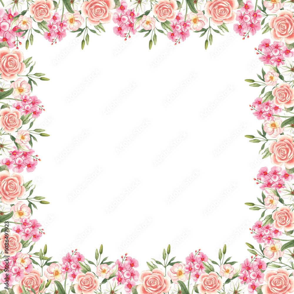 Hand-drawn frame of pink orchid with peonies and white lily Hand-drawn frame of pink orchid with peonies and white lily