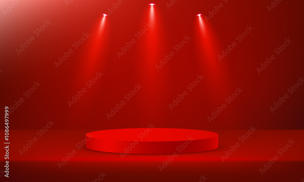 Red background vector 3d with podium. Modern Product Display Mockup for Showroom Showcase. Empty room with spotlight effect. Vector illustration. Red background vector 3d with podium. Modern Product Display Mockup for Showroom Showcase. Empty room with spotlight effect. Vector illustration.