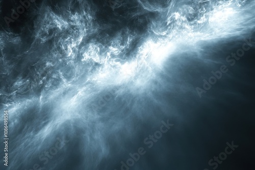 Abstract background of swirling white smoke with a ray of light on a black background.