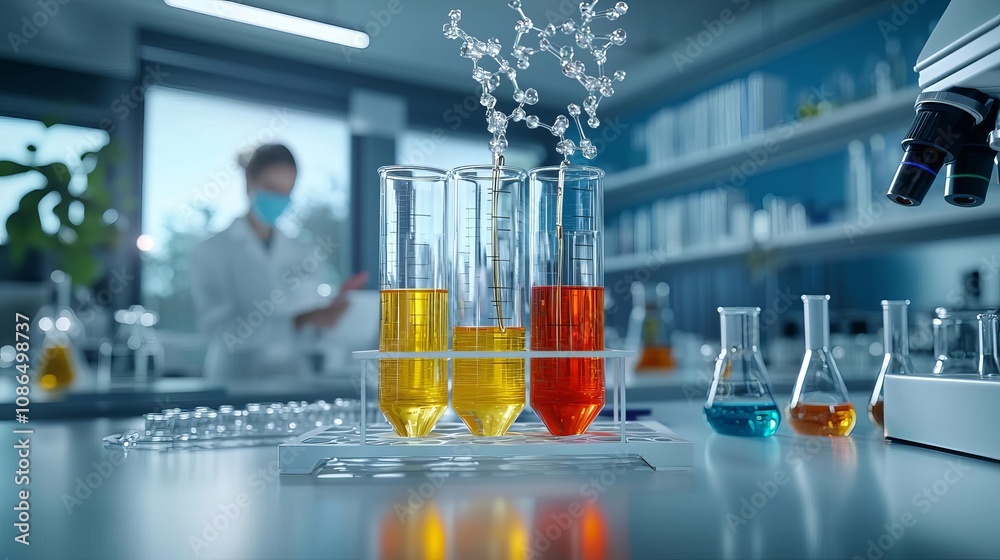 Test tubes with layered colorful liquids, chemical reactions in progress, clear and bright lab environment, vibrant yet balanced tones, neat arrangement Test tubes with layered colorful liquids, chemical reactions in progress, clear and bright lab environment, vibrant yet balanced tones, neat arrangement
